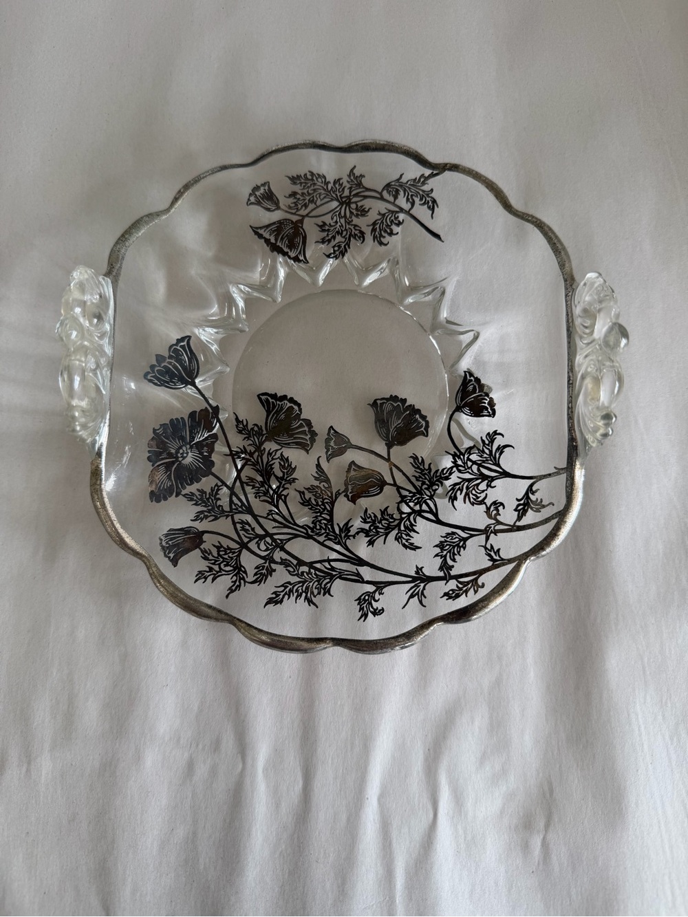 Cambridge California Poppy Black Etched Silver Trim Handled Bowl Vntg 1930s